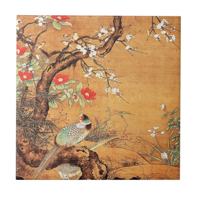 Pheasant och camellia oriental chinese bläck art kakelplatta (Framsidan)