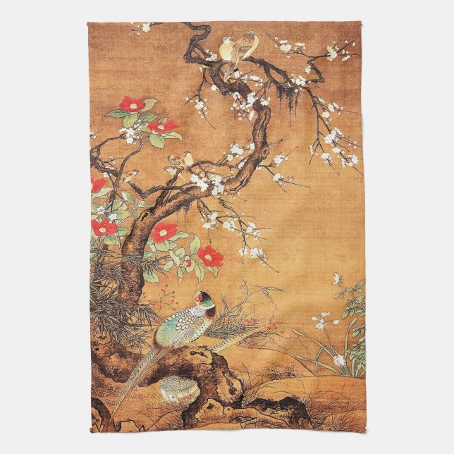 Pheasant och camellia oriental chinese bläck art kökshandduk (Vertikal)