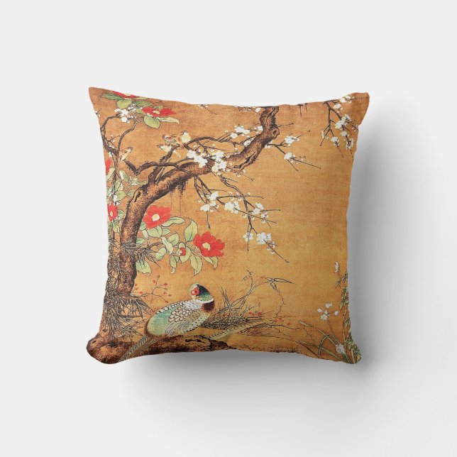 Pheasant och camellia oriental chinese bläck art kudde (Framsida)