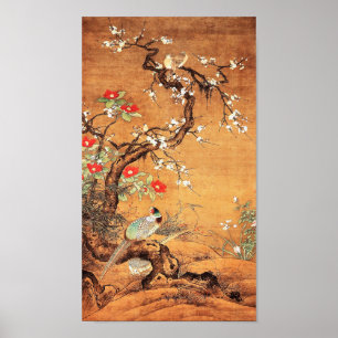 Pheasant och camellia oriental chinese bläck art poster