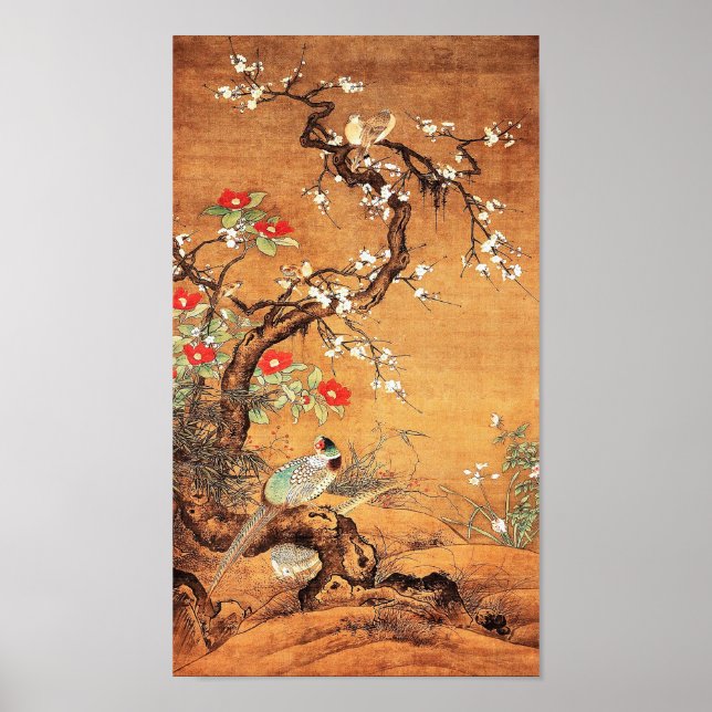 Pheasant och camellia oriental chinese bläck art poster (Framsidan)