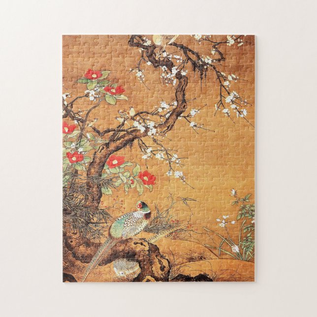 Pheasant och camellia oriental chinese bläck art pussel (Vertikal)