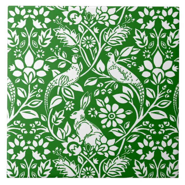 Pheasant och Hare Mönster, Emerald Grönt och White Kakelplatta (Framsidan)