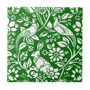 Pheasant och Hare Mönster, Emerald Grönt & White Kakelplatta