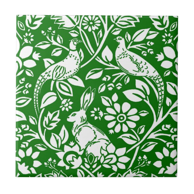 Pheasant och Hare Mönster, Emerald Grönt & White Kakelplatta (Framsidan)