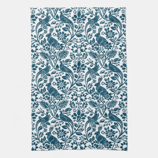 Pheasant och Hare Mönster, Indigo Blue och White Kökshandduk (Vertikal)