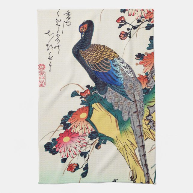 Pheasant och krysanthemum, Hiroshige, Ukiyo-e Kökshandduk (Vertikal)