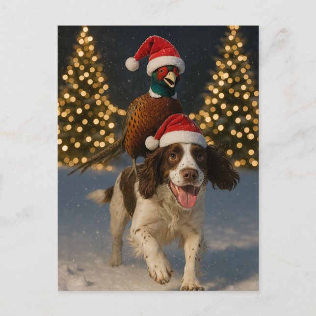 Pheasant on Springer Spaniel Christmas postcard Vykort (Framsida)