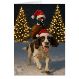 Pheasant riding Springer Spaniel Christmas card Hälsningskort