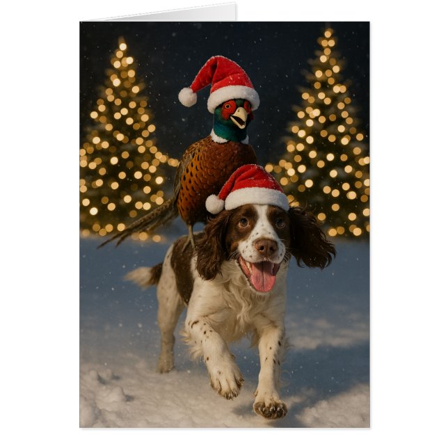 Pheasant riding Springer Spaniel Christmas card Hälsningskort (Framsidan)