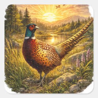 Pheasant Sunset Hunting Bird Wildlife Gift Fyrkantigt Klistermärke