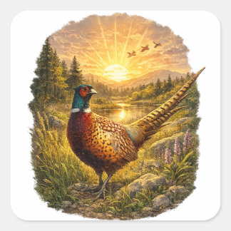 Pheasant Sunset Hunting Bird Wildlife Gift Fyrkantigt Klistermärke