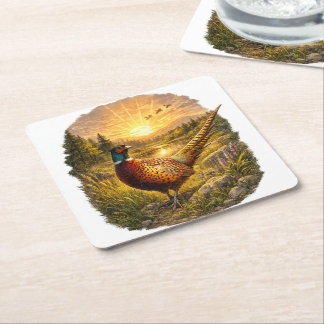 Pheasant Sunset Hunting Bird Wildlife Gift Underlägg Papper Kvadrat