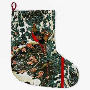 Pheasants i snö, grästräd, ro, japansk blommigt stor julstrumpa
