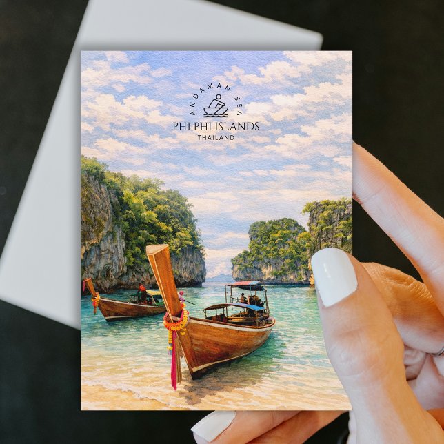 Phi Phi-öarna, Andamanska sjön | Vattenfärgstrand  Vykort (Phi Phi Islands, Andaman Sea | Watercolor Beach Postcard)