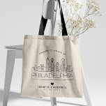 Philadelphia Bröllop | Stylized Skyline Tygkasse<br><div class="desc">En unik väska bröllop för ett bröllop som tar ställe i den vackra staden kärlek Philadelphia. Det här tecknet illustrerar stadens unika skylt med namn under. Detta följs av information om bröllopsdagen i ett matchande öppet,  invändigt stil.</div>