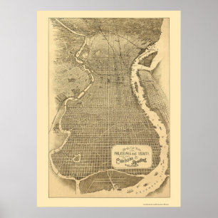 Philadelphia, PA Panoramic Karta - 1870 Poster