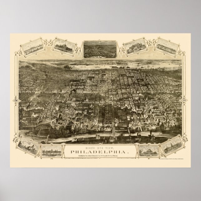 Philadelphia, PA Panoramic Karta - 1876 Poster (Framsidan)