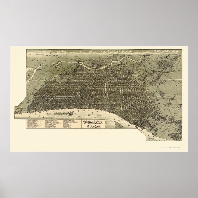 Philadelphia, PA Panoramic Karta - 1887 Poster (Framsidan)