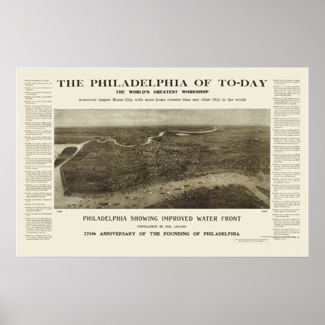 Philadelphia, PA Panoramic Karta - 1908 Poster (Framsidan)