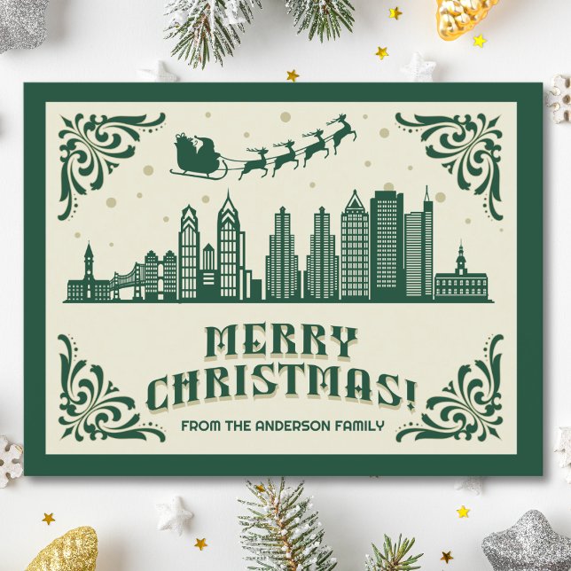 Philadelphia PA Skyline julkort - Helgdag Helg Vykort (Philadelphia, PA skyline christmas card green modern merry christmas postcard with custom details)