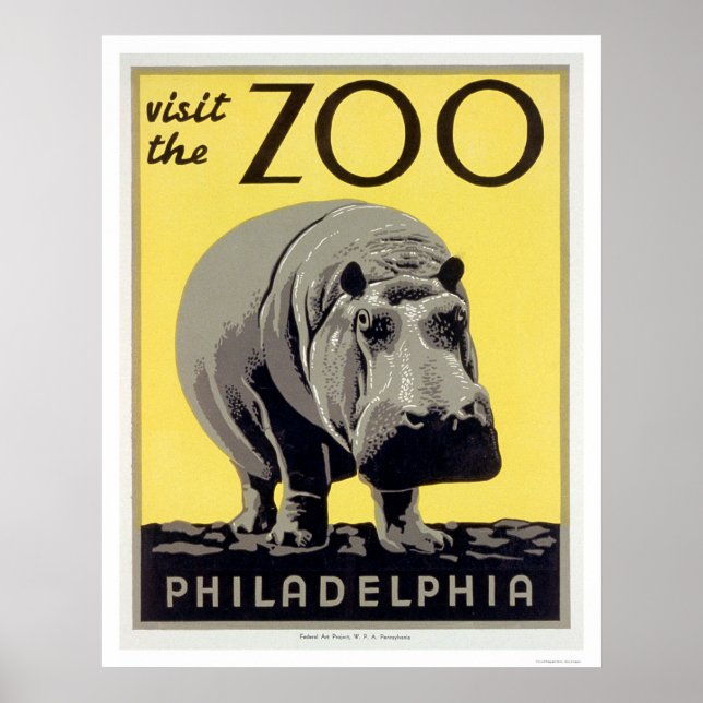 Philadelphia PA Zoo Hippo 1936 WPA Poster (Framsidan)
