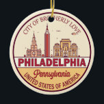 Philadelphia Pennsylvania City Skyline Emblem Julgransprydnad Keramik<br><div class="desc">Philadelphias minimalistiska,  färglösa konstdesign med monument och landmärken för staden i Pennsylvania.</div>