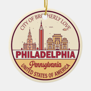 Philadelphia Pennsylvania City Skyline Emblem Julgransprydnad Keramik