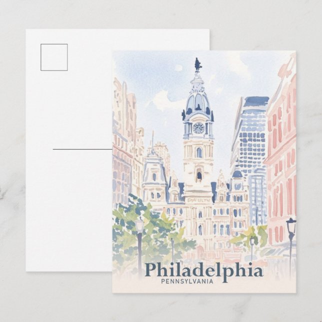 Philadelphia Pennsylvania USA Watercolor Travel Vykort (Fram/baksida)