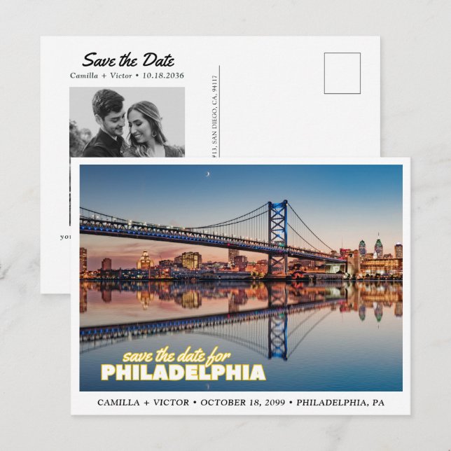 Philadelphia Save the Date Retro Skyline Postcard Vykort (Fram/baksida)