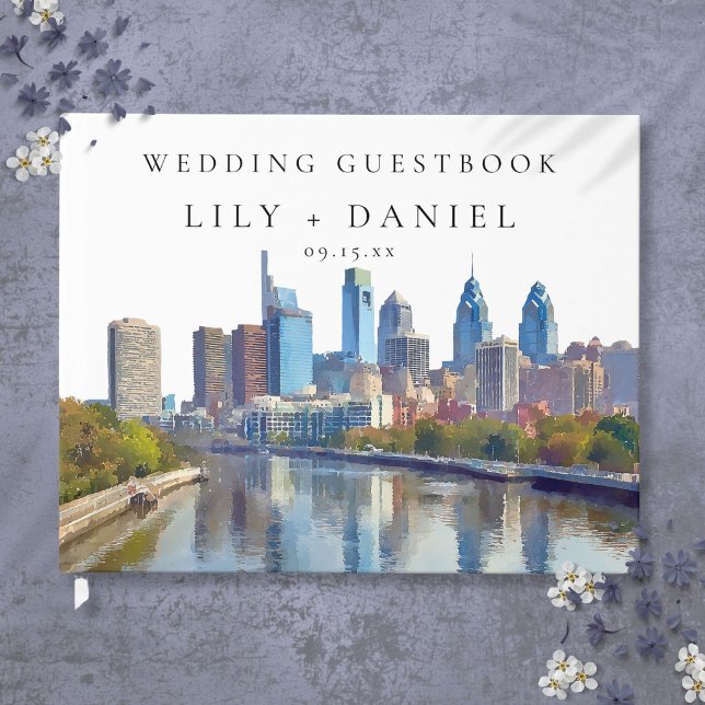 Philadelphia Siluett Vattenfärg Bröllop Gästböcker (Philadelphia Skyline Watercolor Wedding Guest Book)