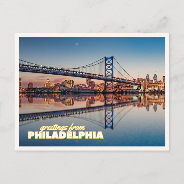 Philadelphia Skyline Ben Franklin Bridge Solnedgån Vykort (Framsida)