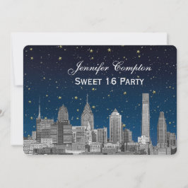 Philadelphia Skyline Etch Blue Starry Sweet 16 H Inbjudningar