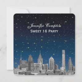 Philadelphia Skyline Etch Blue Starry Sweet 16 H Inbjudningar