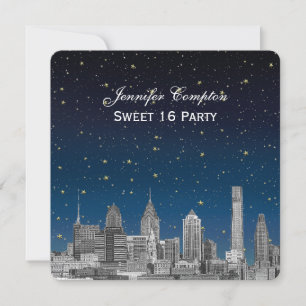 Philadelphia Skyline Etch Blue Starry Sweet 16 H Inbjudningar