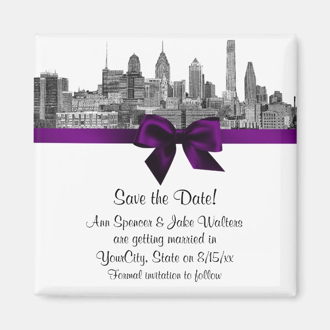 Philadelphia Skyline Etch BW  Purple Spara datum Magnet (Framsidan)