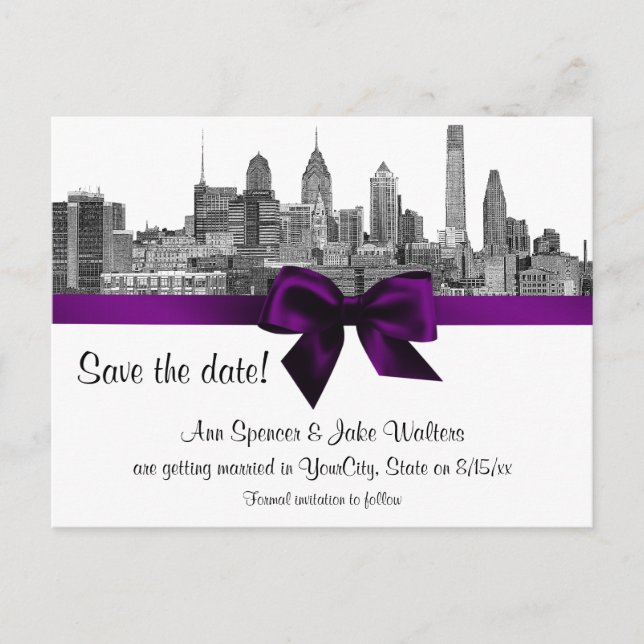 Philadelphia Skyline Etch BW Purple Spara datum Meddelande Vykort (Framsida)
