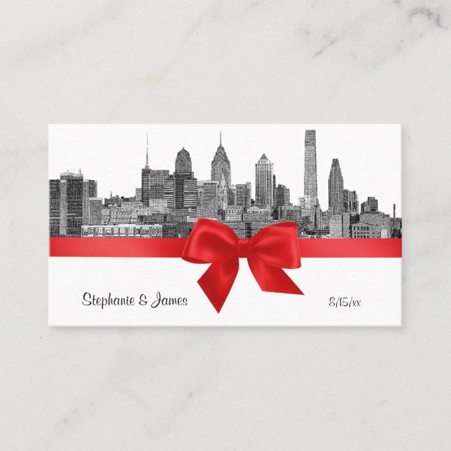 Philadelphia Skyline Etch BW Red Escort Card Placeringskort (Framsida)