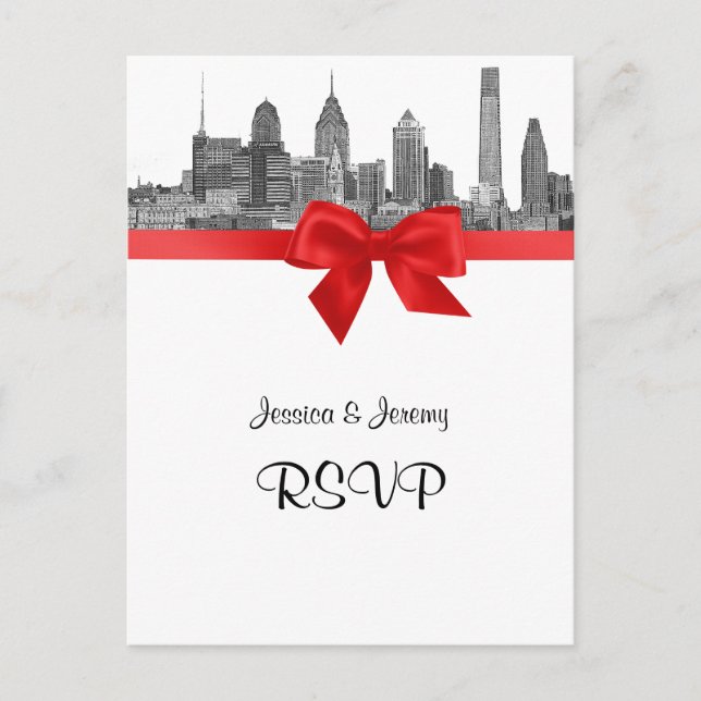 Philadelphia Skyline Etch BW Red RSVP 1 Inbjudan Vykort (Framsida)
