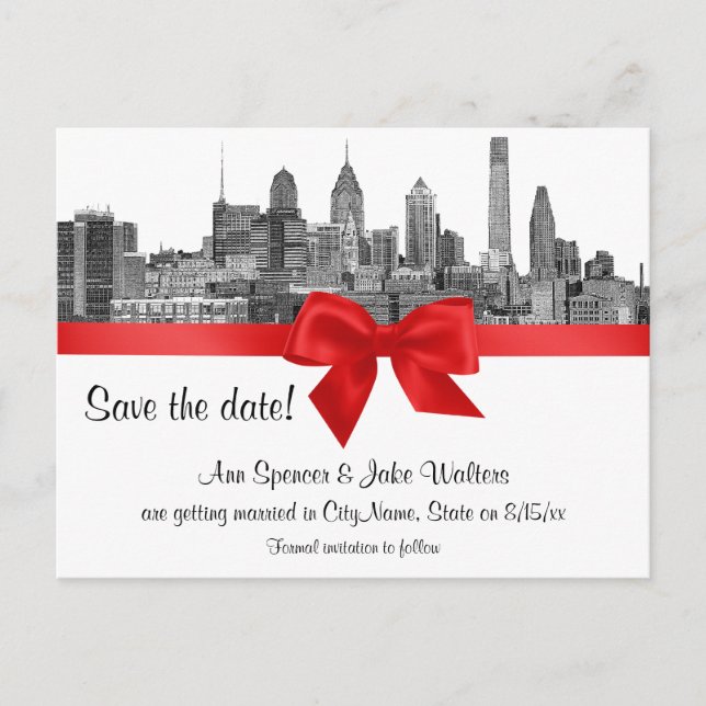 Philadelphia Skyline Etch BW Red Save the Date Meddelande Vykort (Framsida)