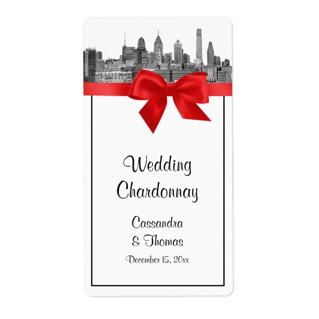 Philadelphia Skyline Etch BW Red Vin-etikett Fraktsedel (Framsidan)