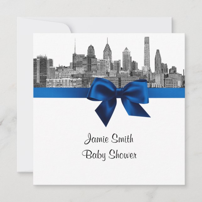 Philadelphia Skyline Etch BW Royal Blu Baby Shower Inbjudningar (Framsida)