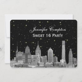 Philadelphia Skyline Etch Starry DIY BG Sweet 16 H Inbjudningar