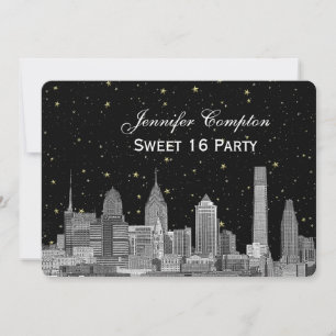 Philadelphia Skyline Etch Starry DIY BG Sweet 16 H Inbjudningar