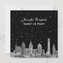 Philadelphia Skyline Etch Starry DIY SQ Sweet 16 Inbjudningar
