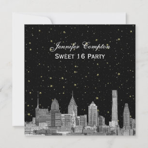 Philadelphia Skyline Etch Starry DIY SQ Sweet 16 Inbjudningar