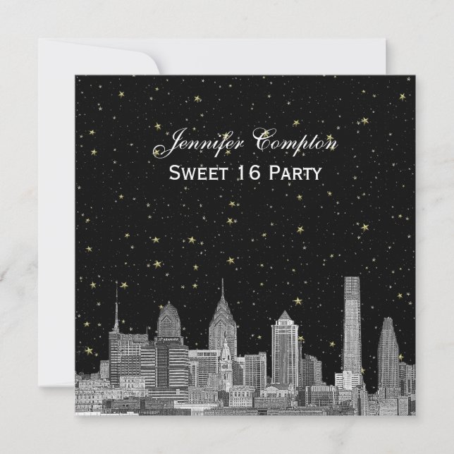 Philadelphia Skyline Etch Starry DIY SQ Sweet 16 Inbjudningar (Framsida)