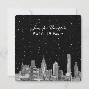 Philadelphia Skyline Etch Starry DIY SQ Sweet 16 Inbjudningar