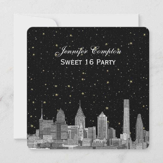 Philadelphia Skyline Etch Starry DIY SQ Sweet 16 Inbjudningar (Framsida)
