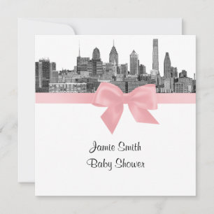 Philadelphia Skyline Etsning BW Rosa Baby Shower Inbjudningar
